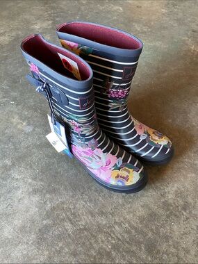 Joules Navy Striped Rain Boots with Pink Floral